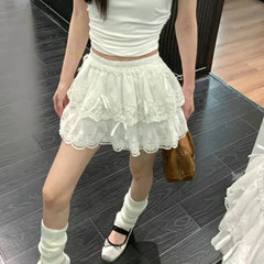 Lunivop Coquette White Lace Short Skirt Ruffle Women Sweet Bow Kawaii Mini Skirts Patchwork Layered A-line Aesthetics Skirt