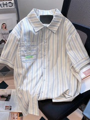 Lunivop Cute Women Striped Shirts Japan Vintage Loose Dog Print Kawaii Blouse Casual Preppy Style Short Sleeve Summer Sweet Tops