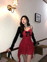 Lunivop Sweet Ruffles Slim Waist Camisole Dress for Women+ Y2k Thin Long Sleeve Cardigan Coat Two Piece Sets 2025 Summer New