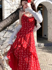 Lunivop French Two Piece Set Floral Printed Red Strap Camisole Dresses Summer Sweet Girl Waist Slimming Irregular Slit A-line New