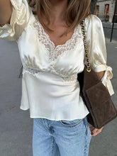 Lunivop Elegant Lace Patchwork Women's T-shirt Waist-cinching Bow Lace-up V Neck Short Sleeve Apricot Shirts Summer Lady Tops New