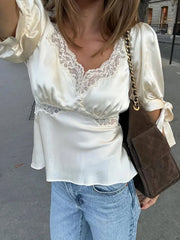 Lunivop Elegant Lace Patchwork Women's T-shirt Waist-cinching Bow Lace-up V Neck Short Sleeve Apricot Shirts Summer Lady Tops New