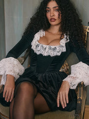 Lunivop Patchwork Sexy Square Collar Lace Women Dress Black Flare Sleeve French Dress Female Winter Slim Elegant Party Clubwear