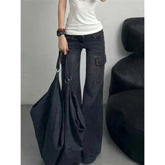 Lunivop Black Womens Jeans High Waist Vintage Straight Winter Denim Pants Street Multiple Pockets American Wide Leg Baggy Denim Trouser