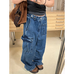 Lunivop Autumn Y2K Blue Cargo Jeans Women 90S Vintage High Waisted Jean Straight Trouser Streetwear Casual Loose Wide Leg Denim Pants