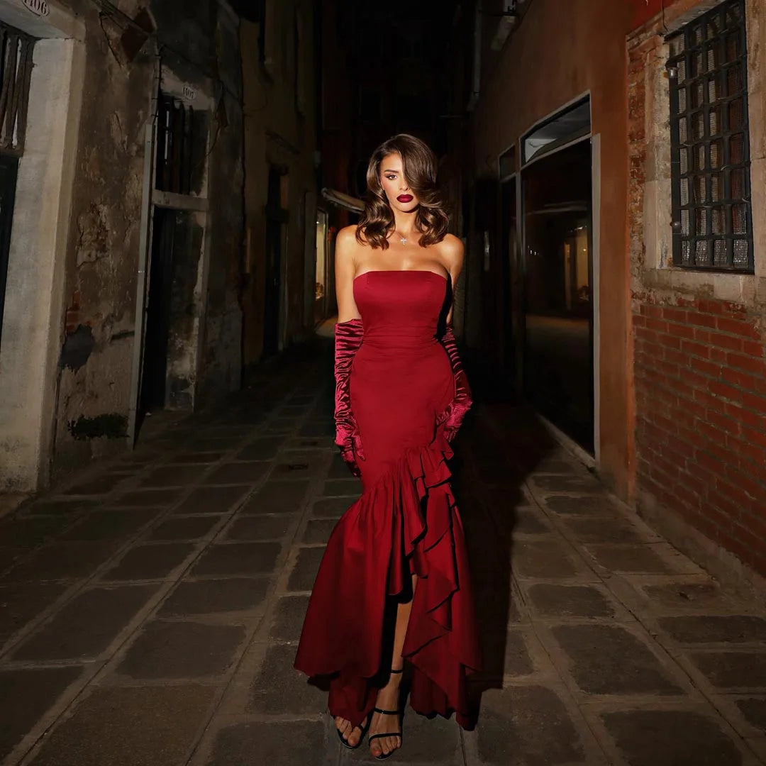 Lunivop Burgundy Strapless Mermaid Satin Prom Evening Dresses Split Ruffled Party Dress Formal Night Cocktail Gowns Saudi Arabia Custom