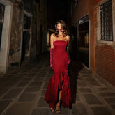 Lunivop Burgundy Strapless Mermaid Satin Prom Evening Dresses Split Ruffled Party Dress Formal Night Cocktail Gowns Saudi Arabia Custom