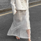 Lunivop Sexy See Through White Mesh Split Skirt Women's High Waist Loose Straigh Midi Skirt Autumn Fashion Hot Girl Party Skirts