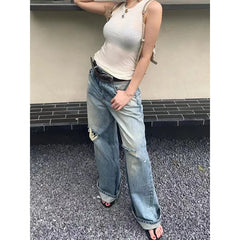 Lunivop Y2K Jeans 2024 New Women Harajuku Hip Hop Oversized Pattern Baggy Jeans Blue Pants Gothic High Waisted Wide Trousers Streetwear