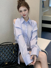 Lunivop Hollow Out Striped Shirt Women Casual Korean Loose Long Sleeve Blouse Vintage Female Sexy Off Shoulder Elegant Tops Spring