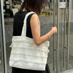Lunivop Harajuku Lace Tote Bag Purse Women Fairycore Aesthetic Soft Beige Large Capacity Handbag Female Sweet Shoulder Bags Y2k