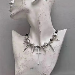 Lunivop Retro Y2K Long Spike Rivet Necklace Stainless Steel Cross Hip Hop Necklace for Women Vintage Grunge Style Party Jewelry