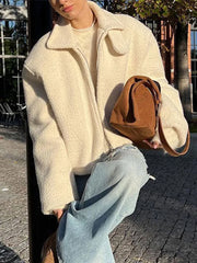 Lunivop Casual Patchwork Lamb Wool Short Coat Women Loose Solid Long Sleeved Jackets Female Autumn Winter Thickening Warm Outwear Tops