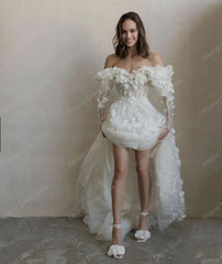 Lunivop Vintage Lace Appliques Wedding Gowns Off Shoulders Long Sleeve Hi Low Tulle 3D Florals Tule Party Dresses vestidos de novia