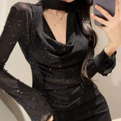 Lunivop Elegant Fashion Sexy V-neck Black T-shirts Y2k Slim Fit Long Sleeve Tee Shirt 2025 Summer New All-match Top for Women
