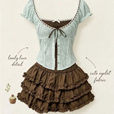 Lunivop New Korean Fashion 2 Piece Skirt Set Patchwork Lace Tops Kawaii Y2k Cake Skirt Ruffles High Waisted Slim Skirt Set Chic