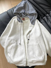 Lunivop Striped Patchwork Vintage Hoodies Women Loose Harajuku Long Sleeve Retro Sweatshirts Casual American Streetwear Pockets Bf Tops