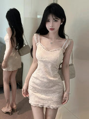 Lunivop Women Dress Sleeveless Lace Patchwork Slash Neck Slim Elegant French Style Chic Party Mini Dresses Female Fashion