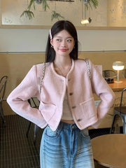 Lunivop Pink Sweet Tweed Jackets Women Vintage O Neck Cute Elegant Long Sleeve Short Coats Retro Casual Single Breasted Pockets Outwear