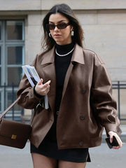 Lunivop Double-Breasted Lapel Leather Jackets Women Vintage Loose Long Sleeved Jacket With Pockets Female Autumn Casual Streetwear Tops