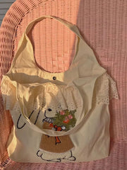 Lunivop Rabbit Embroidery Beige Shoulder Bags Women Lolita Cute Lace Large Capacity Tote Bag Handbag Female Canvas Underarm Bag