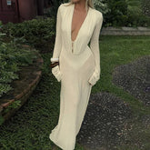 Lunivop European American Autumn New Women's Clothing Sexy Solid Deep V-neck Button Slim High Waist Long Sleeve Dress for Women