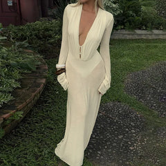 Lunivop European American Autumn New Women's Clothing Sexy Solid Deep V-neck Button Slim High Waist Long Sleeve Dress for Women