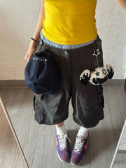 Lunivop American High Street Shorts for Women Summer Multiple Pockets Vintage Calf- Length Pants All-match Loose Wide Leg Pants