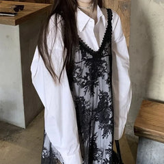 Lunivop Lace Floral Transparent Dresses Women Black Sexy Long Dress Korean Sleeveless Holiday Dress Vacation Streetwear Party