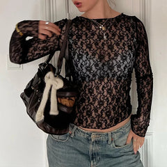 Lunivop Lace See Through O Neck Long Sleeve Women'S Tshirts Tops Slim Summer Solid Y2K Streetwear Sexy Casual Clothes