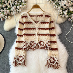 Lunivop Embroidery Floral Crochet Knit Top with Tassel Long Sleeve Button-down Open-knit Cardigan Sweater Women Teen-girl Cute Outfit