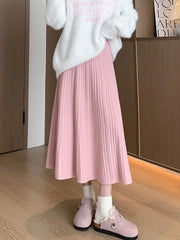 Lunivop Sweet Vintage Knitted Long Skirts Women Preppy Style High Waist Loose A Line Skirts Fall Winter Retro Simple Elegant Long Skirts