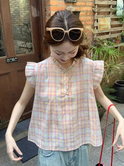 Lunivop Women Sweet Plaid Shirt Casual Preppy Style Flying Sleeve Cute Blouse Korean Summer O Neck Sleeveless Lady Vintage Tops New