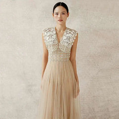 Lunivop Women's Fashion Evening Dress V-neck Sleeveless Lace Hollow Out Spliced Slim Mesh Dresses All Season New Tide