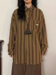Lunivop Vintage Y2K Striped Shirt Women Harajuku Oversize Loose Japan Blouse Casual Long Sleeve Streetwear Bf Pocket Design Tops