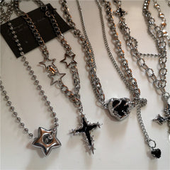 Lunivop Stainless Steel Star Cross Heart Pendant Necklace Layered Choker Charm Necklace Grunge Y2K Neck Jewelry For Men Women Accessory