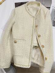 Lunivop French Sweet Tweed Jacket Women O Neck Elegant Slim Long Sleeve Coat Vintage Casual Single Breasted Female Fall Winter Tops