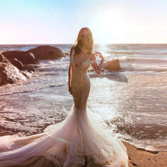 Lunivop Sparkle V Neck Sequined Spaghetti Straps Tulle Mermaid Wedding Dresses For Brides Sexy Backless Long Bridal Gowns Robe De Mariee