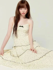 Lunivop Sweet Gentle Style Polka Dot Print Long Camisols Cake Dresses Women's Summer Spliced Lace V-neck Sleeveless Bow Suspender Dress