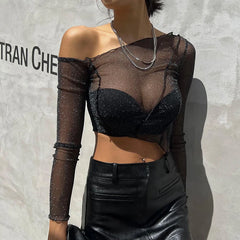 Lunivop Solid Color Sparkly Hollow Mesh Slant Shoulder Irregular Collar Sexy Women Crop Top