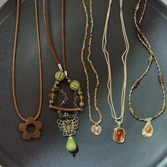 Lunivop Vintage Brown Natural Stone Pendant Necklace for Women Fashion Geometric Long Leather Rope Necklace Sweater Chain Jewelry Gifts