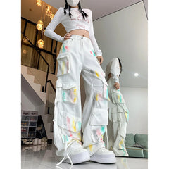 Lunivop Autumn American Style Subculture Y2k Graffiti Cargo Pants Multi Pockets Denim Trousers High Street Spice Girls Wide Leg Jea