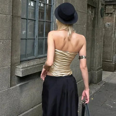 Lunivop Metallic Gold Halter Backless Bodysuit Tops Women Y2K Clothing Sexy Leotard Clubwear Rave Oufits One Piece Body Suit