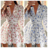 Lunivop Women Floral Print Mini Dress High Waist A-Line Summer Autumn Long Sleeve V Neck Dresses Vintage Beach Vacation Casual Vestidos