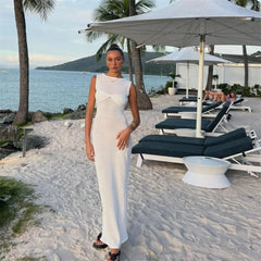 Lunivop White Knitted Long Dress Women Sexy See Through Slim Beach Dress Summer Elegant Fashion Sleeveless Holiday Outfits 2024 Pink