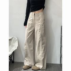 Lunivop American Front Pocket Floor-Length Jeans Women Autumn Fashion High Street Wide Leg Denim Pant Vintage High Waist Cargo Trousers
