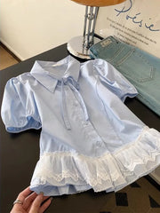 Lunivop Casual Sweet Blue Shirt Women Cute Lace Patchwork Bow Blouse Vintage French Preppy Style Short Sleeve Elegant Kawaii Tops