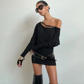 Lunivop Women Sexy Bodycon Mini Dress Rivets Inclined Shoulder Long Sleeve Peach Hips Night Clubwear Autumn Casual Streetwear
