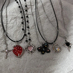 Lunivop Simple Strawberry Heart Butterfly Chain Necklace For Women Girls Christmas Gift Stainless Steel Jewelry