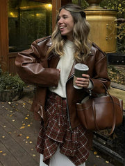 Lunivop Casual Zipper PU Leather Short Jackets Women Vintage Loose Lapel Long Sleeved Jacket Female Autumn Solid Chic Moto Biker Tops